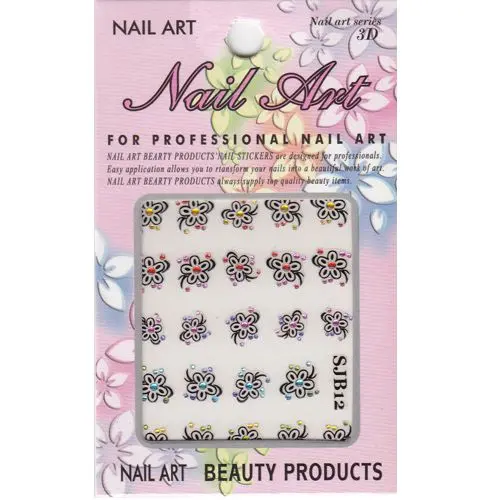 Flori cu pietre, nail art - sticker 3D negru