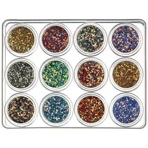 Kit nail art, 12 buc - hexagoane cu pudră cu sclipici 5g